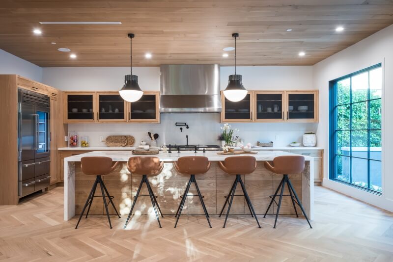 residential kitchen with many lights on